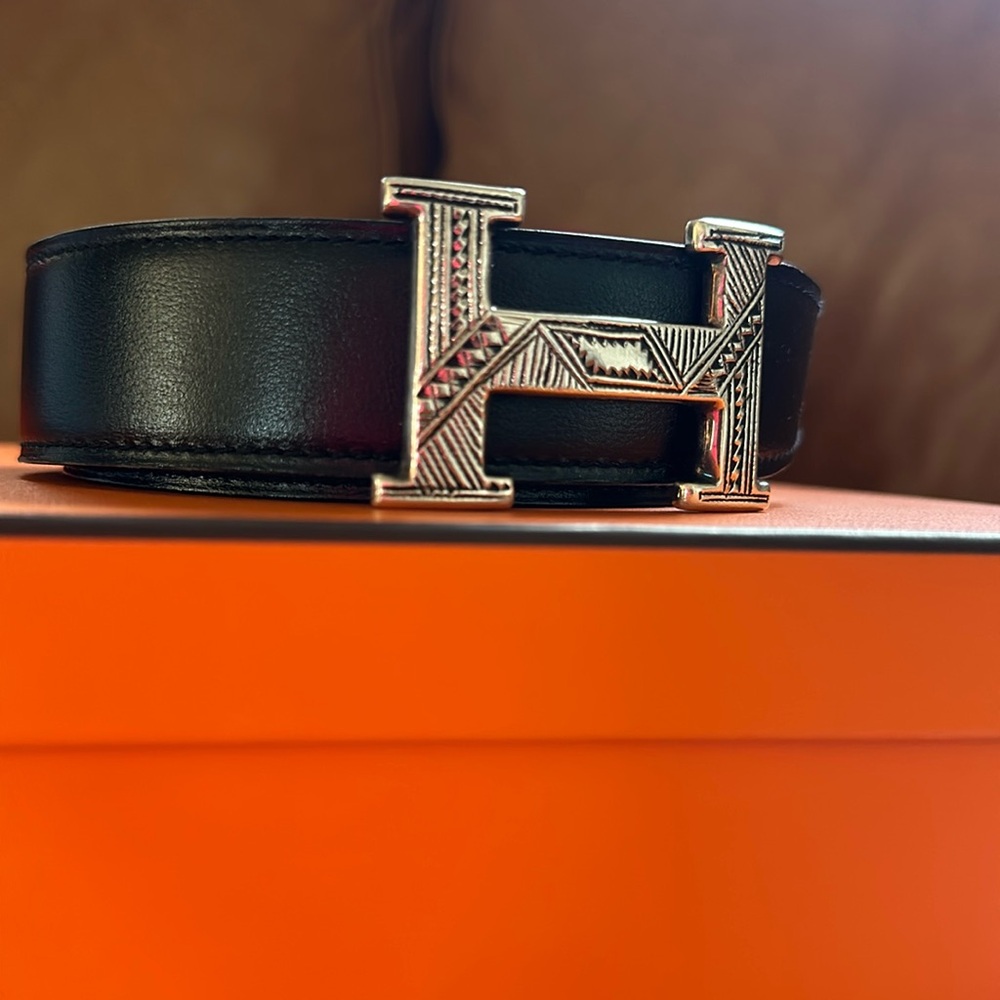Hermes Belt with Silver Carved H Buckle in Black and Tan Reversible Leather